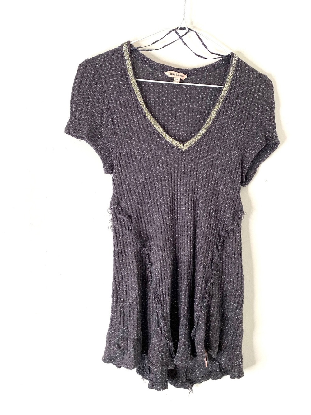 Juicy Couture Y2K Rhinestone Waffle Knit V Neck Bling Top